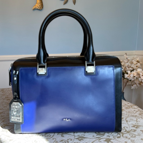Ralph Lauren Handbags - Ralph Lauren Blue and Black Leather Satchel with Silver Hardware